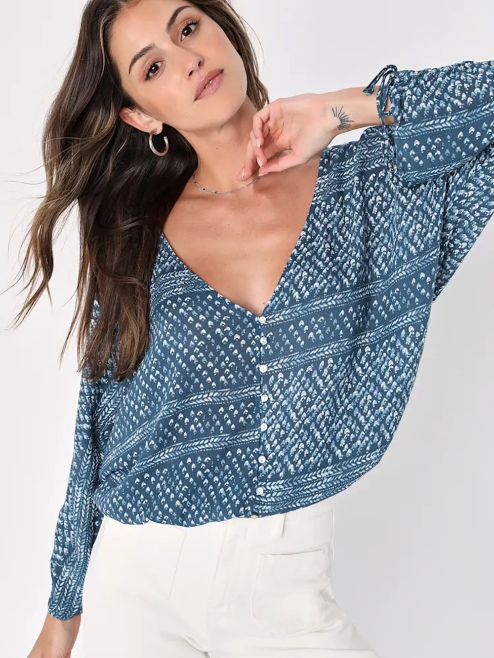 Lulu's Blue Printed Button-Front V-Neck Blouse